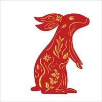 Chinese nieuw jaar rood dierenriem konijn met goud helling bloemen ornament vector