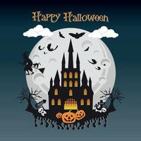 halloween pompoenen hoofd en achtervolgd huis kasteel knuppel spookachtig bomen heks met vol maanlicht schaduw vector