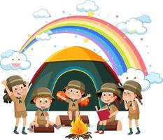 camping kinderen met regenboog in de lucht vector