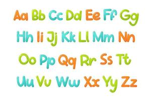 kleurrijk kinderen lettertype. glanzend kinderen alfabet in tekenfilm stijl. vector typografie voor school, peuter- en kleuterschool ontwerp.