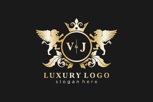 eerste vj brief leeuw Koninklijk luxe logo sjabloon in vector kunst voor restaurant, royalty, boetiek, cafe, hotel, heraldisch, sieraden, mode en andere vector illustratie.