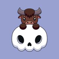 schattig schedel buffel halloween tekenfilm mascotte tekening kunst hand- getrokken concept vector kawaii icoon illustratie