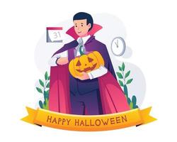 gelukkig halloween met een Mens vervelend een halloween kostuum Holding een pompoen voorbereidingen treffen en aan het wachten voor halloween momenten. vector illustratie in vlak stijl