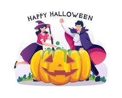 gelukkig halloween met een jongen en meisje in kostuum heks en tovenaar maken een groen magisch toverdrank in een reusachtig pompoen halloween. vector illustratie in vlak stijl