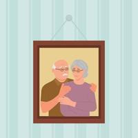 foto van ouderen paar in kader. gelukkig herinneringen.glimlachend grootouders portret hangende Aan muur. vector illustratie in vlak stijl