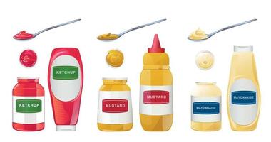 ketchup, mayonaise, mosterd sauzen set. realistisch vector illustratie geïsoleerd Aan wit achtergrond.