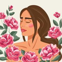 mooi vrouw tussen de bloemen. de concept van harmonie en kalmte. vrouwen stroom, zelfliefde. vector illustratie.