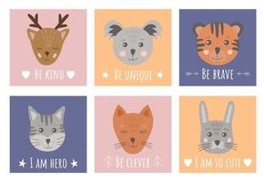 schattig gemakkelijk dier portretten in hand- getrokken skandinavisch stijl - tijger, haas, vos, koala, kat, hert. schattig gemakkelijk dieren voor kinderen en baby, kinderkamer poster, groet kaarten, naadloos patroon. vector