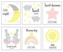 reeks van schattig baby douche kaarten inclusief maan, wolk, ster, konijn, schapen en modern schoonschrift zinnen zoet dromen, twinkelen weinig ster, mooi zo nacht. vector illustraties voor groet kaart, poster.