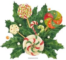 Kerstmis hulst boeket met lolly en snoep riet, , getraceerd waterverf vector