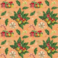 Kerstmis hulst patroon met cadeaus en en snoep riet en lolly, getraceerd waterverf vector