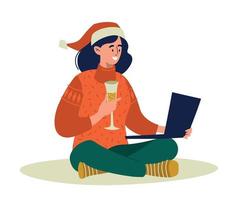 online groeten voor de nieuw jaar. een meisje in een de kerstman claus hoed en een glas van Champagne zit Aan de verdieping met een laptop. vector afbeelding.