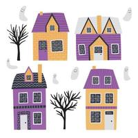 schattig vector huizen en geest set. hand- getrokken grappig huizen halloween illustratie