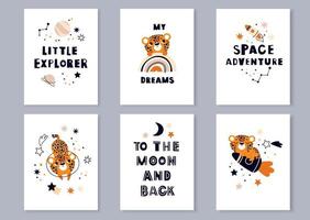 luipaard Aan een ruimte raket. belettering Aan de thema van kosmos .a reeks van posters voor de kinderen kamer. vector