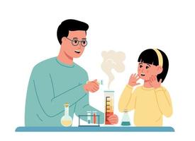 tekenfilm vader en dochter aan het doen chemie experiment in laboratorium glaswerk Bij huis. vector