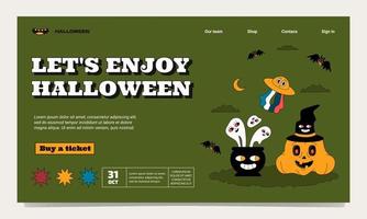 nostalgisch landen bladzijde sjabloon voor een halloween feest. geschetst ontwerp met pompoen, geesten, vleermuizen en ufo. vector