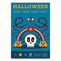 een modieus geschetst aanplakbiljet sjabloon voor een halloween feest. ontwerp met schedel, regenboog, pompoenen, slangen en oog. vector