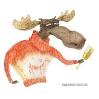 Kerstmis eland in trui drinken wijn vector