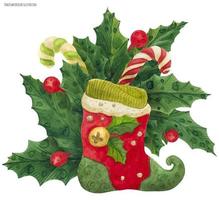 Kerstmis hulst boeket met elf kous en snoep wandelstokken , getraceerd waterverf vector