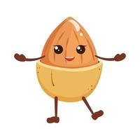 amandel met ogen en glimlach. noot in de het formulier van een emoji. voedsel karakter. vector illustratie van tekenfilm kawaii voedsel