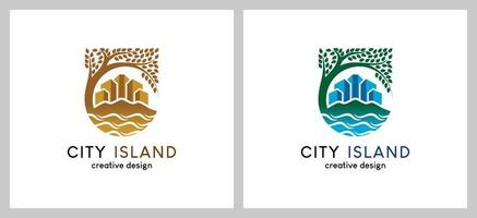 strand stad of eiland stad gebouw logo ontwerp met creatief concept vector