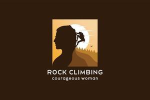 vrouw rots beklimming vector symbool logo ontwerp met natuur