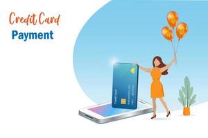 vrouw online boodschappen doen met credit kaart betaling. digitaal marketing, financieel Promotie voor e handel en e betaling. vector