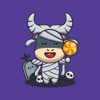 schattig mama buffel Holding halloween snoep. schattig halloween tekenfilm illustratie. vector