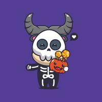 schattig buffel met skelet kostuum Holding halloween pompoen. schattig halloween tekenfilm illustratie. vector