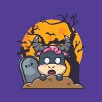 schattig zombie buffel stijgen van begraafplaats in halloween dag. schattig halloween tekenfilm illustratie. vector