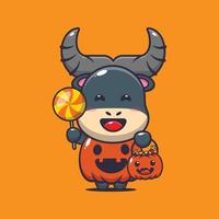 schattig buffel met halloween pompoen kostuum. schattig halloween tekenfilm illustratie. vector