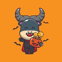 schattig vampier buffel Holding halloween pompoen. schattig halloween tekenfilm illustratie. vector