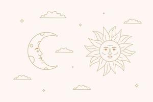 gouden geschetst zon en de halve maan in de de hemel. hemel- esoterisch tekens. vector