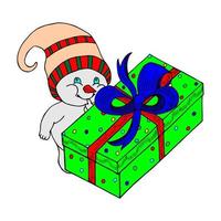 vector illustratie, beeldt af een soort sneeuwman schuilplaats achter een doos met een kleurrijk geschenk.