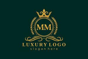 eerste mm brief Koninklijk luxe logo sjabloon in vector kunst voor restaurant, royalty, boetiek, cafe, hotel, heraldisch, sieraden, mode en andere vector illustratie.