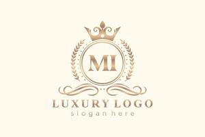 eerste mi brief Koninklijk luxe logo sjabloon in vector kunst voor restaurant, royalty, boetiek, cafe, hotel, heraldisch, sieraden, mode en andere vector illustratie.