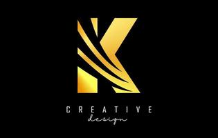 gouden brief k logo met leidend lijnen en negatief ruimte ontwerp. brief met meetkundig en creatief bezuinigingen concept. vector