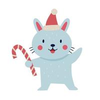 schattig Kerstmis konijn met snoep riet. vector illustratie