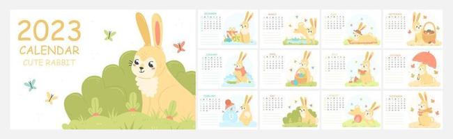 ontwerp een kinderen horizontaal kalender voor 2023 met schattig illustraties met een konijn karakter. 2023 is de jaar van de konijn. 12 maanden. muur kalender sjabloon. vector illustratie.