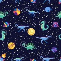 dino in ruimte naadloos patroon. schattig draak karakters, dinosaurus op reis heelal met sterren, planeten. kinderen tekenfilm achtergrond. illustratie van astronaut draak, kinderen omhulsel met kosmisch dino vector