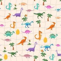 hand- getrokken schattig dinosaurussen naadloos patroon. kinderen patroon met dino's, regenbogen, wolken, sterren, polka dots vector