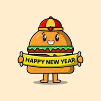 schattig tekenfilm hamburger houden gelukkig nieuw jaar bord vector