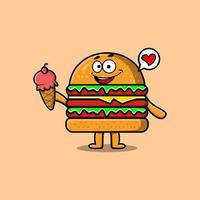 schattig tekenfilm hamburger karakter houden ijs room ijshoorntje vector