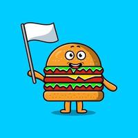 schattig tekenfilm hamburger mascotte met wit vlag vector