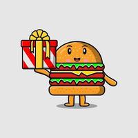 schattig tekenfilm hamburger karakter Holding geschenk doos vector