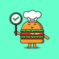 schattig tekenfilm hamburger chef houden correct teken bord vector