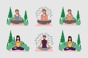 reeks van yoga meditatie meisjes en jongen vlak vector illustratie