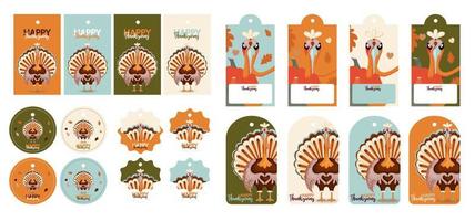 gelukkig dankzegging herfst set. vector illustratie. dankzegging digitaal schilderen, schattig kalkoen geschenk labels, kaarten. feestelijk achtergrond met grappig kalkoenen