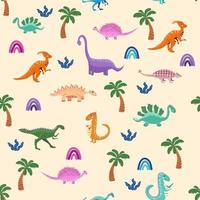 hand- getrokken schattig dinosaurussen naadloos patroon. kinderen patroon met dino's, regenbogen, wolken, sterren, polka dots vector