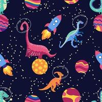 dino in ruimte naadloos patroon. schattig draak karakters, dinosaurus op reis heelal met sterren, planeten. kinderen tekenfilm achtergrond. illustratie van astronaut draak, kinderen omhulsel met kosmisch dino vector